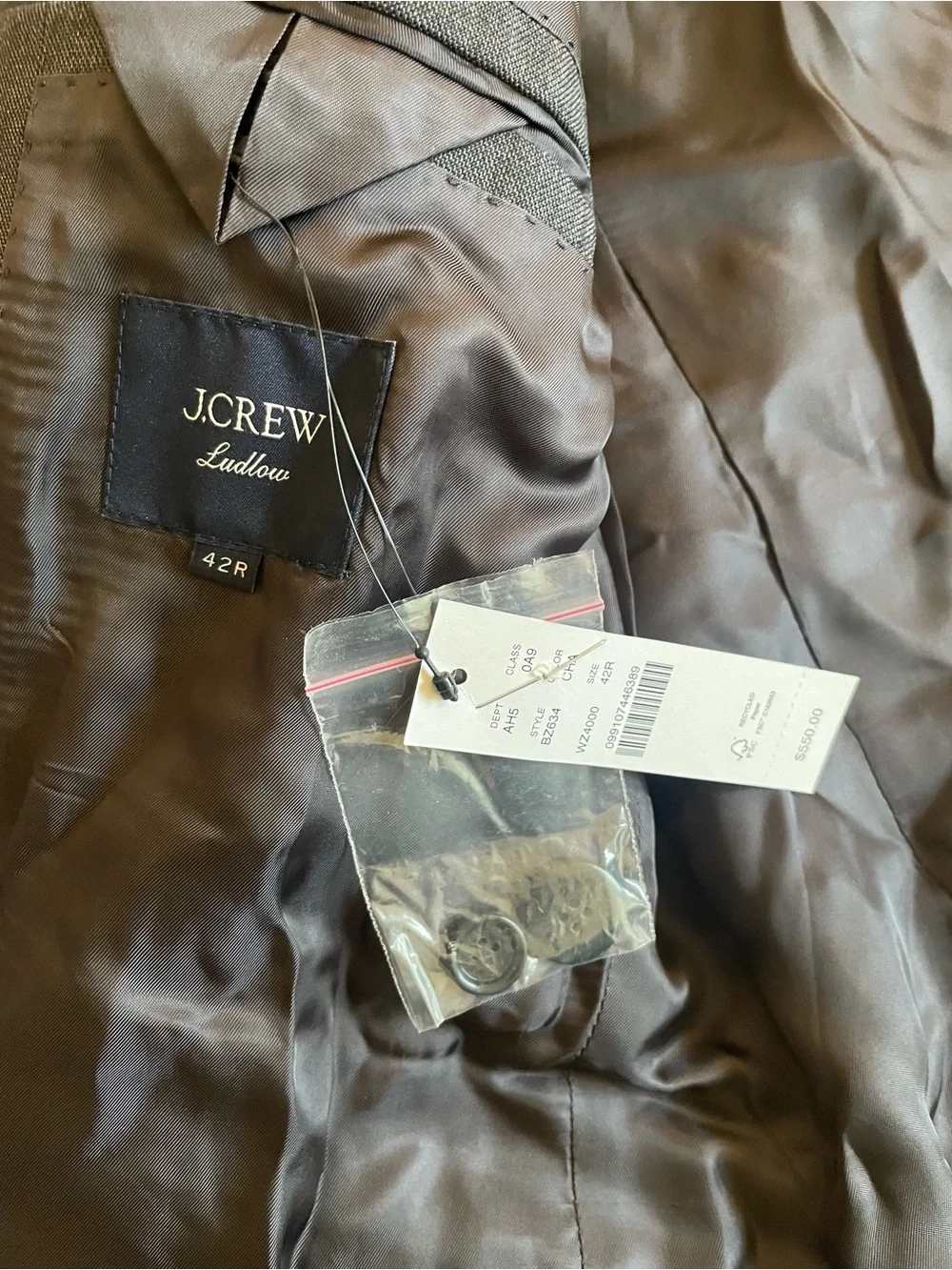 J. CREW Ludlow Slim-fit suit jacket in Italian wool Charcoal NWD 42 R $550 BZ634